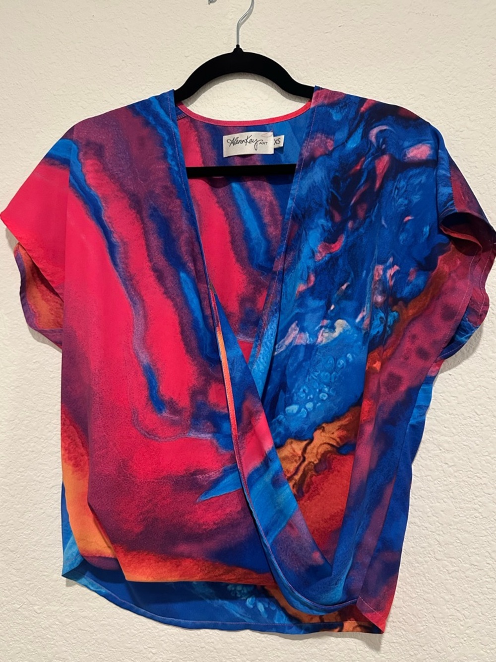 Alana Kay Art Wrap V-Neck Blouse in Blue, Pink & Orange